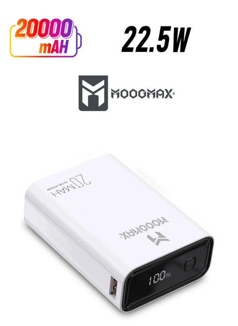 Marvel power bank 20000mAh with 22.5W, and an elegant design, small Mini size and weight, two ports (Type-C) & (USB-A), portable power bank fast charging, and a digital display screen. White color