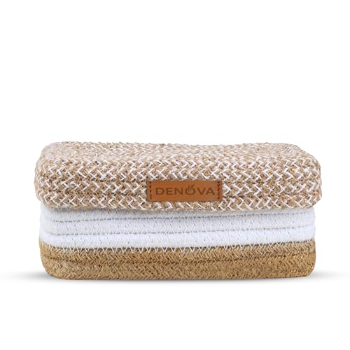 DENOVA Cotton Tissue Box Holder | Rectangular Facial Tissue Box Holder | Tissue Dispenser for Home/Office/Car (26X16X7 Cm, Natural + White) - Image 3