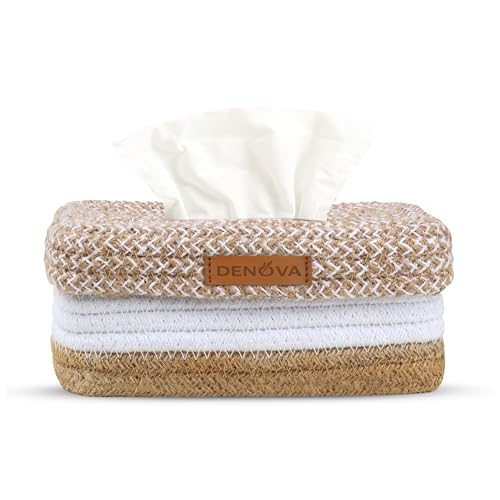 DENOVA Cotton Tissue Box Holder | Rectangular Facial Tissue Box Holder | Tissue Dispenser for Home/Office/Car (26X16X7 Cm, Natural + White) - Image 1