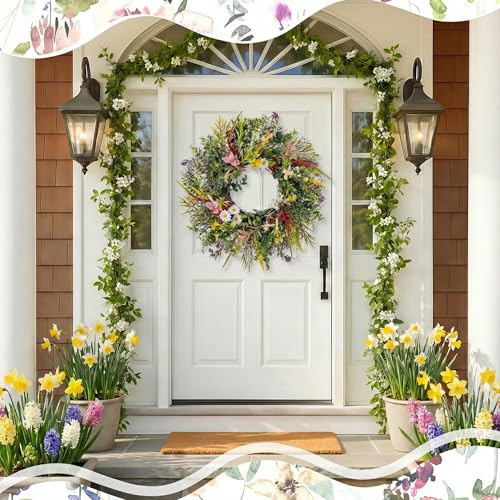 Culudea Daisy Wreaths for Front Door Decor, 20" Artificial Chrysanthemum Wildflower Wreath Decorations for Spring Summer Home Door Window Outside Wall Indoor Outdoor Porch and Birthday Wedding Party - Image 3