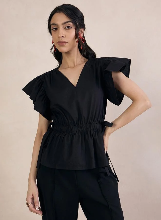 Femmella Femmella Ruched Detail Ruffle Sleeve V-Neck Top