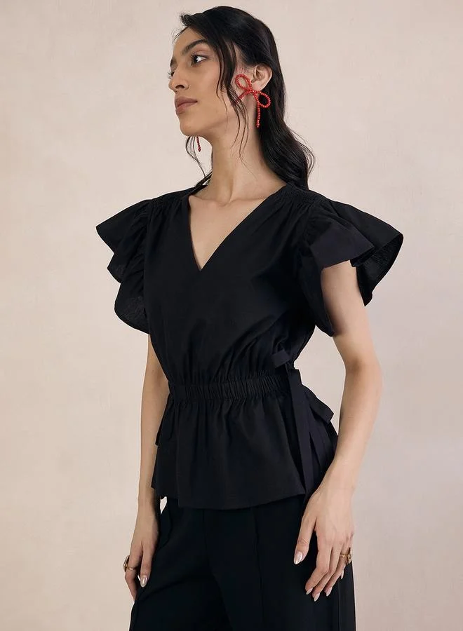 Femmella Femmella Ruched Detail Ruffle Sleeve V-Neck Top