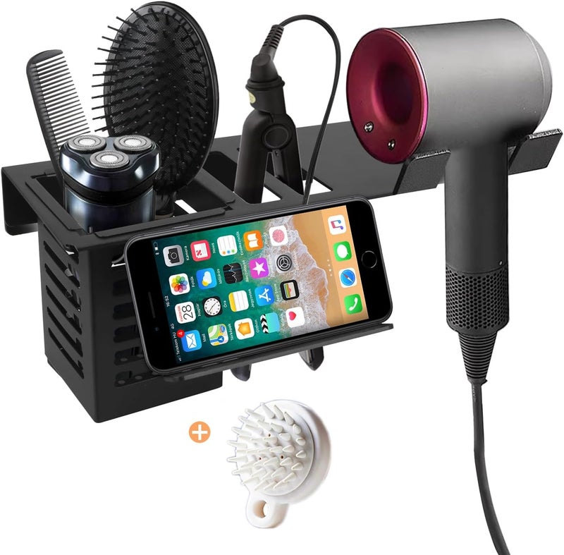 Yimerlen Blow Dryer and Straightener Holder, Hair Holder Wall Mounted Tools Organizer, Bathroom Ultifunctional Straighteners (Black, with Mobile Phone Holder) - Image 1