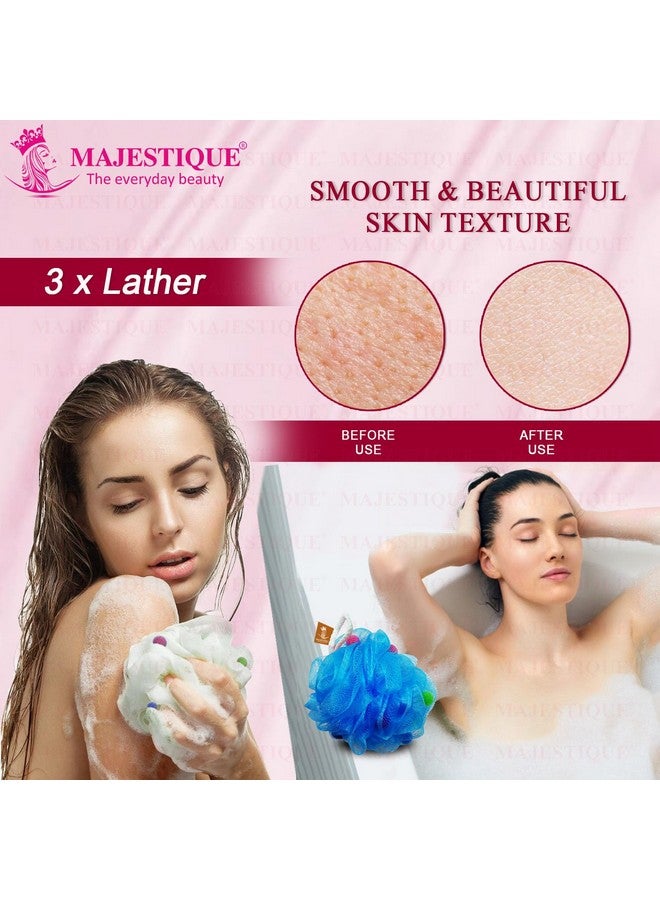 لوفة استحمام كبيرة الحجم من ماجيستيك بريميوم 3x مع كرات نشطة، إسفنجة غسيل للجسم 55 جرام، كرة ناعمة لتقشير الجسم وتنظيفه، إسفنجة استحمام للنساء والرجال والأطفال - 3 قطع/متعددة الألوان - Image 3