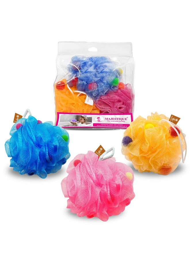 لوفة استحمام كبيرة الحجم من ماجيستيك بريميوم 3x مع كرات نشطة، إسفنجة غسيل للجسم 55 جرام، كرة ناعمة لتقشير الجسم وتنظيفه، إسفنجة استحمام للنساء والرجال والأطفال - 3 قطع/متعددة الألوان - Image 1