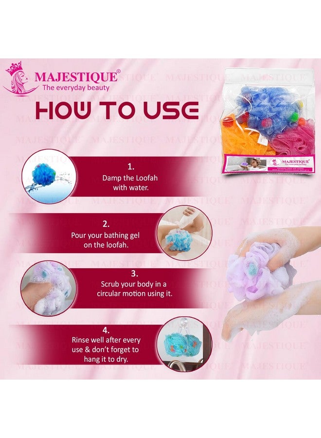 لوفة استحمام كبيرة الحجم من ماجيستيك بريميوم 3x مع كرات نشطة، إسفنجة غسيل للجسم 55 جرام، كرة ناعمة لتقشير الجسم وتنظيفه، إسفنجة استحمام للنساء والرجال والأطفال - 3 قطع/متعددة الألوان - Image 2