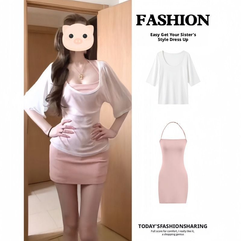Women's Korean Style Bodycon Dress and Sheer T-Shirt Two-Piece Summer Set - Image 1