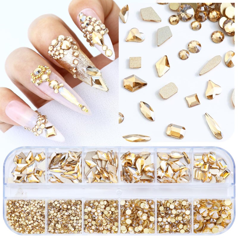 Dowarm 3200PCS Champagne Gold Nail Art Rhinestones, Round Flatback Rhinestones for Nails, Crafts, Golden Shadow Multi Shape 3D Glass Crystal Nail Gemstone Diamond - Image 1