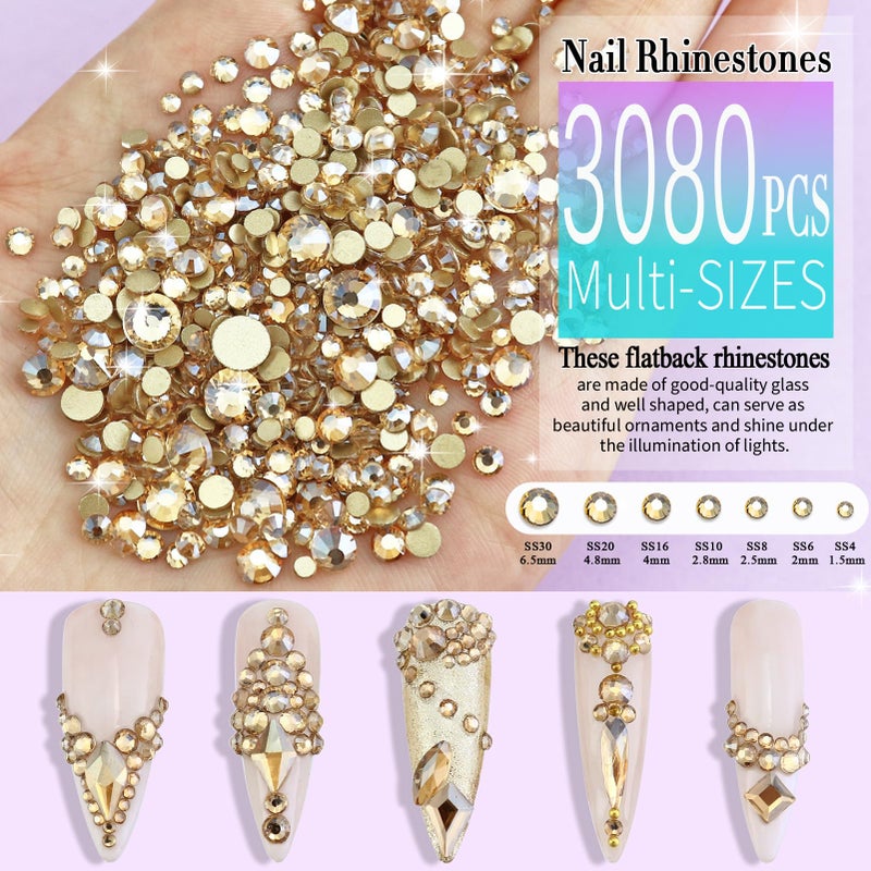 Dowarm 3200PCS Champagne Gold Nail Art Rhinestones, Round Flatback Rhinestones for Nails, Crafts, Golden Shadow Multi Shape 3D Glass Crystal Nail Gemstone Diamond - Image 3