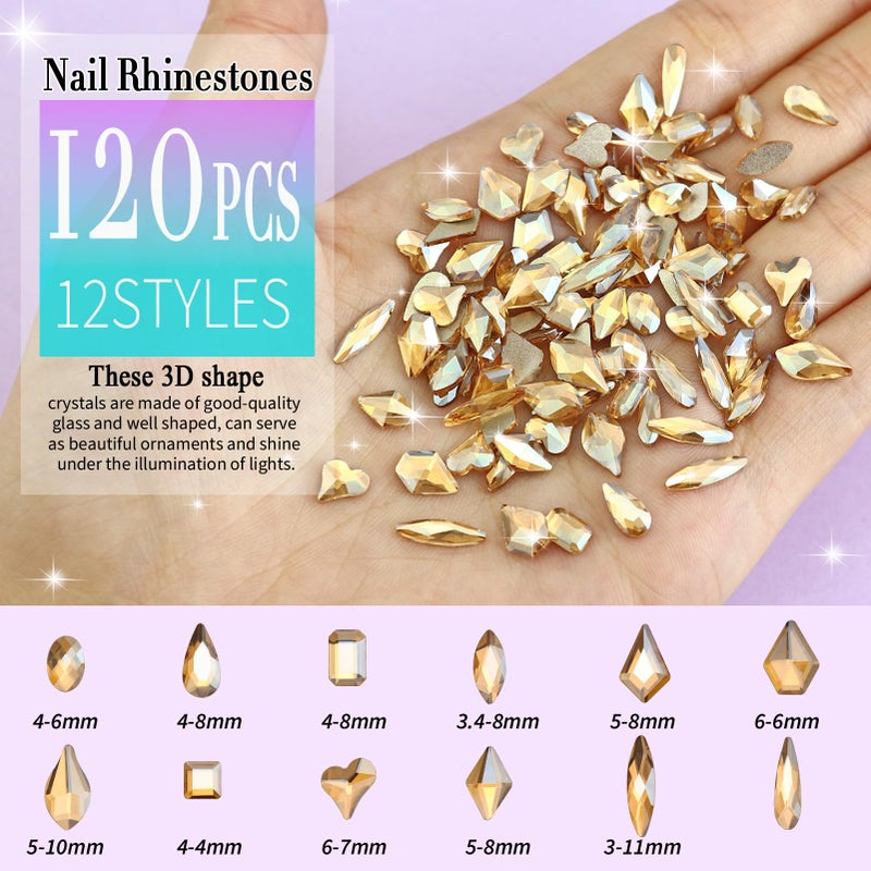 Dowarm 3200PCS Champagne Gold Nail Art Rhinestones, Round Flatback Rhinestones for Nails, Crafts, Golden Shadow Multi Shape 3D Glass Crystal Nail Gemstone Diamond - Image 2