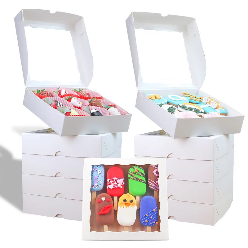 RomanticBaking 30pcs 8x8x2 Inches Bakery Boxes with Window Pie Boxes Cookies Boxes Chocolate Covered Strawberries Boxes Cakesickle boxes