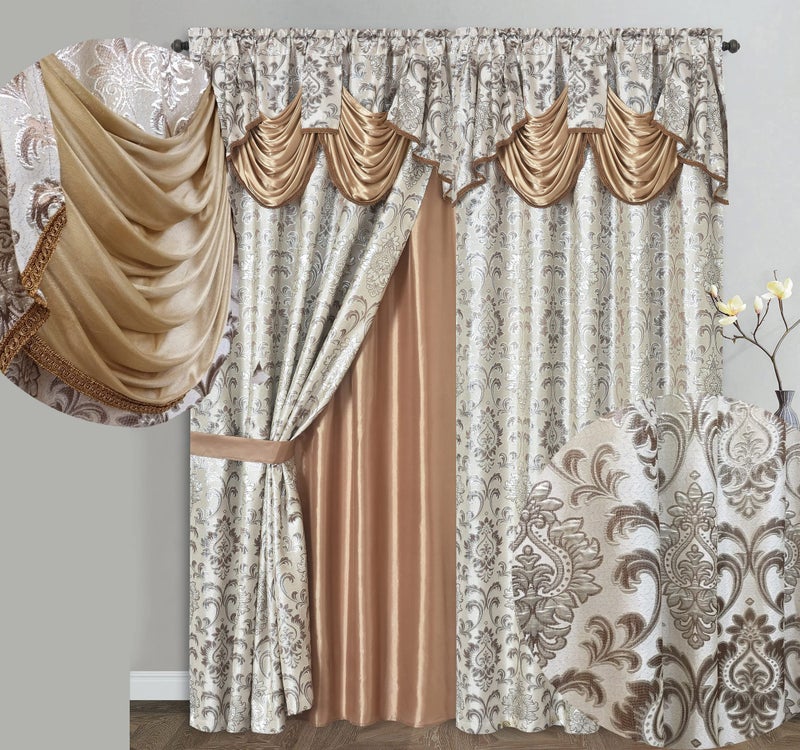 GOHD Golden Ocean Home Decor GOHD Samba Star Jacquard Window Curtain Panel Drape with Attached Fancy Valance and Taffeta Backing 2pcs Set Each pc 54 Wide x 90 Drop with 18 Valance Sand