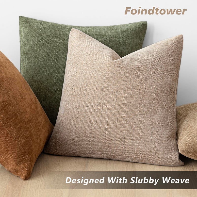 Foindtower Foindtower Set of 2 Soft Textured Chenille Throw Decorative Pillow Covers Square Accent Solid Cushion Cover Cozy Neutral Farmhouse Pillow Case for Couch Sofa Bedroom Living Room 24x24 Inch Cream Camel  - Image 5