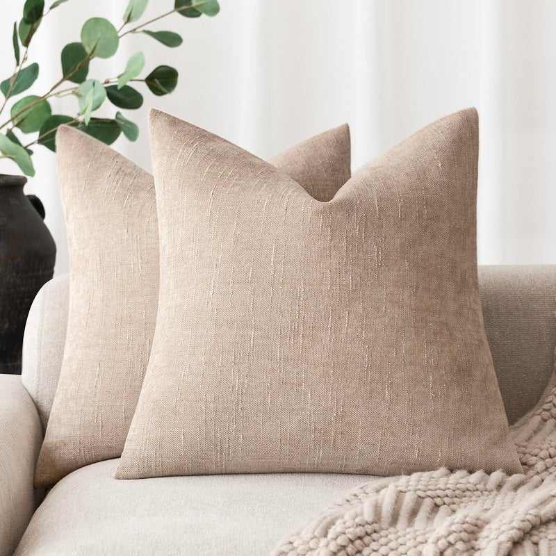 Foindtower Foindtower Set of 2 Soft Textured Chenille Throw Decorative Pillow Covers Square Accent Solid Cushion Cover Cozy Neutral Farmhouse Pillow Case for Couch Sofa Bedroom Living Room 24x24 Inch Cream Camel  - Image 1