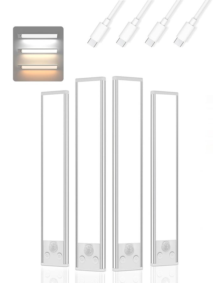 UNDER CABINET LIGHTING 3 COLOR MAGNETIC MOTION SENSOR LIGHT INDOOR 4 PACK USB RECHARGEABLE CLOSET LIGHTS 2500MAH BATTERY OPERATED WIRELESS DIMMABLE UNDER COUNTER LIGHT BAR FOR KITCHENHALLWAY