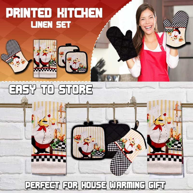 Lobyn Value Packs - Charming 5 Piece Kitchen Towel Set: Chubby Uniformed Chef Design  includes 2 Decorative Dish Towels (25x15) 1 Oven Mitt and 2 Potholders (6.5 Sq) - Image 2