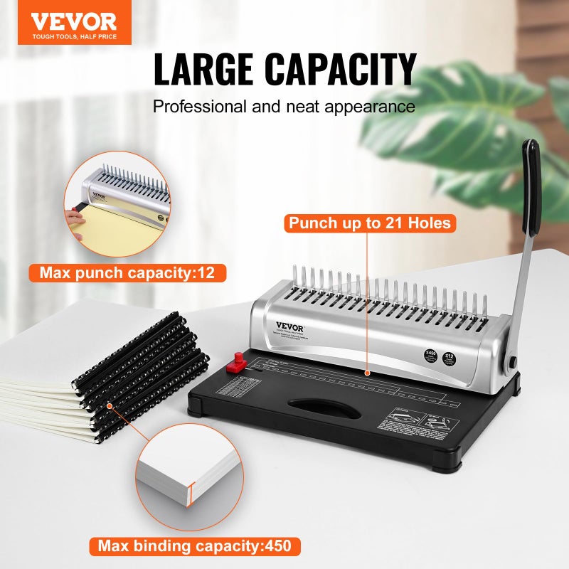 VEVOR Binding Machine, Comb Binding Machine 21-Holes Binding 450 Sheets, Book Binder Machine with 100 PCS 3/8'' Comb Binding Spines, for Letter Size, A4, A5 - Image 2