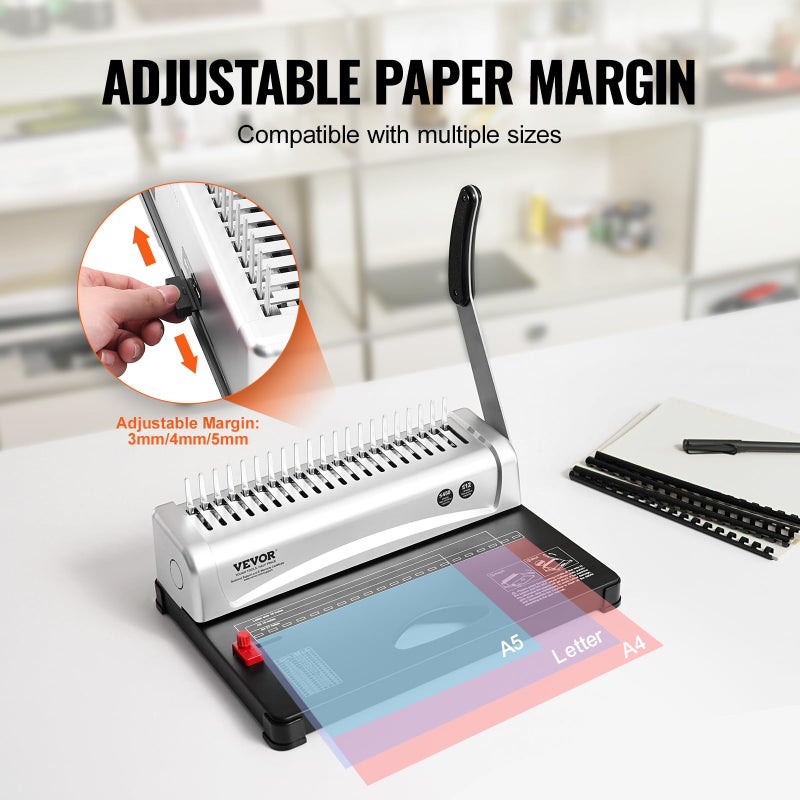 VEVOR Binding Machine, Comb Binding Machine 21-Holes Binding 450 Sheets, Book Binder Machine with 100 PCS 3/8'' Comb Binding Spines, for Letter Size, A4, A5 - Image 3
