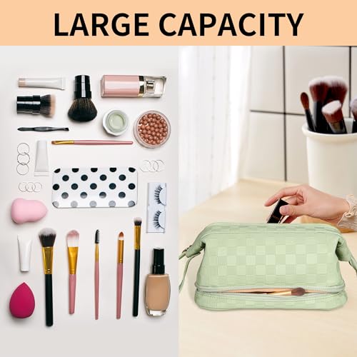 Abiudeng Large Makeup Bag for Women,Travel Makeup Organizer with Brush Holder, Dopp Kit Essentials,Waterproof Checkered Cosmetic Bag for Traveling,Multi Compartment,Cute,Spacious Capacity-Green - Image 5