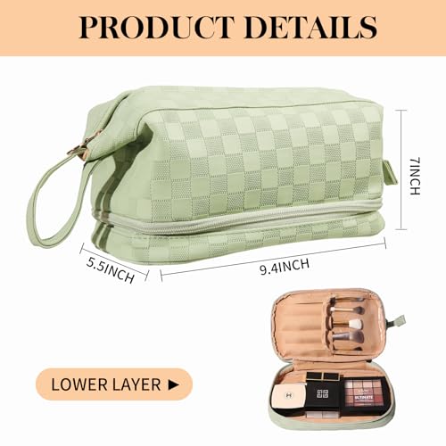Abiudeng Large Makeup Bag for Women,Travel Makeup Organizer with Brush Holder, Dopp Kit Essentials,Waterproof Checkered Cosmetic Bag for Traveling,Multi Compartment,Cute,Spacious Capacity-Green - Image 2