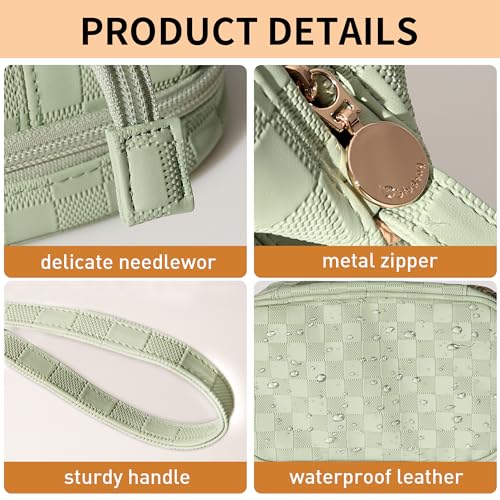 Abiudeng Large Makeup Bag for Women,Travel Makeup Organizer with Brush Holder, Dopp Kit Essentials,Waterproof Checkered Cosmetic Bag for Traveling,Multi Compartment,Cute,Spacious Capacity-Green - Image 3