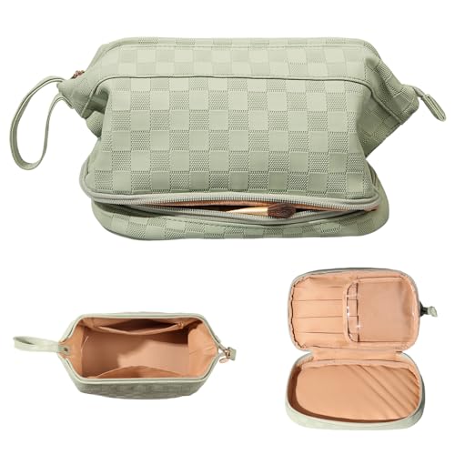 Abiudeng Large Makeup Bag for Women,Travel Makeup Organizer with Brush Holder, Dopp Kit Essentials,Waterproof Checkered Cosmetic Bag for Traveling,Multi Compartment,Cute,Spacious Capacity-Green - Image 1