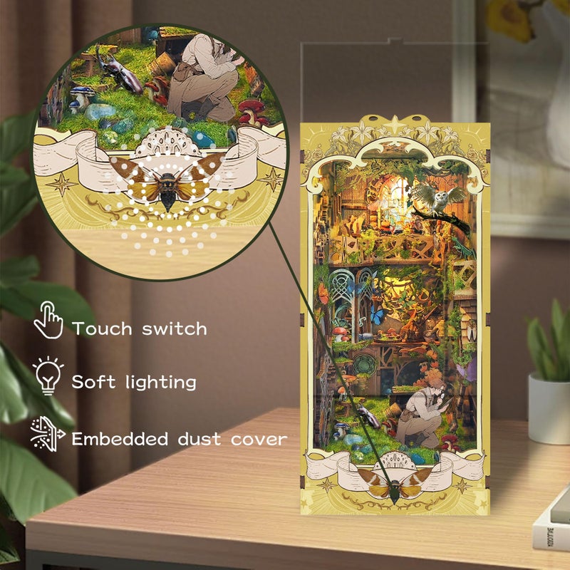 SUDOPOR DIY Book Nook Kit,DIY Dollhouse Booknook Bookshelf Insert Decor,3D Wooden Puzzles with LED Dust Cover,Book Nook Miniature Kit,Birthday Halloween Home Decor for Teens Adult-Insects Story - Image 4
