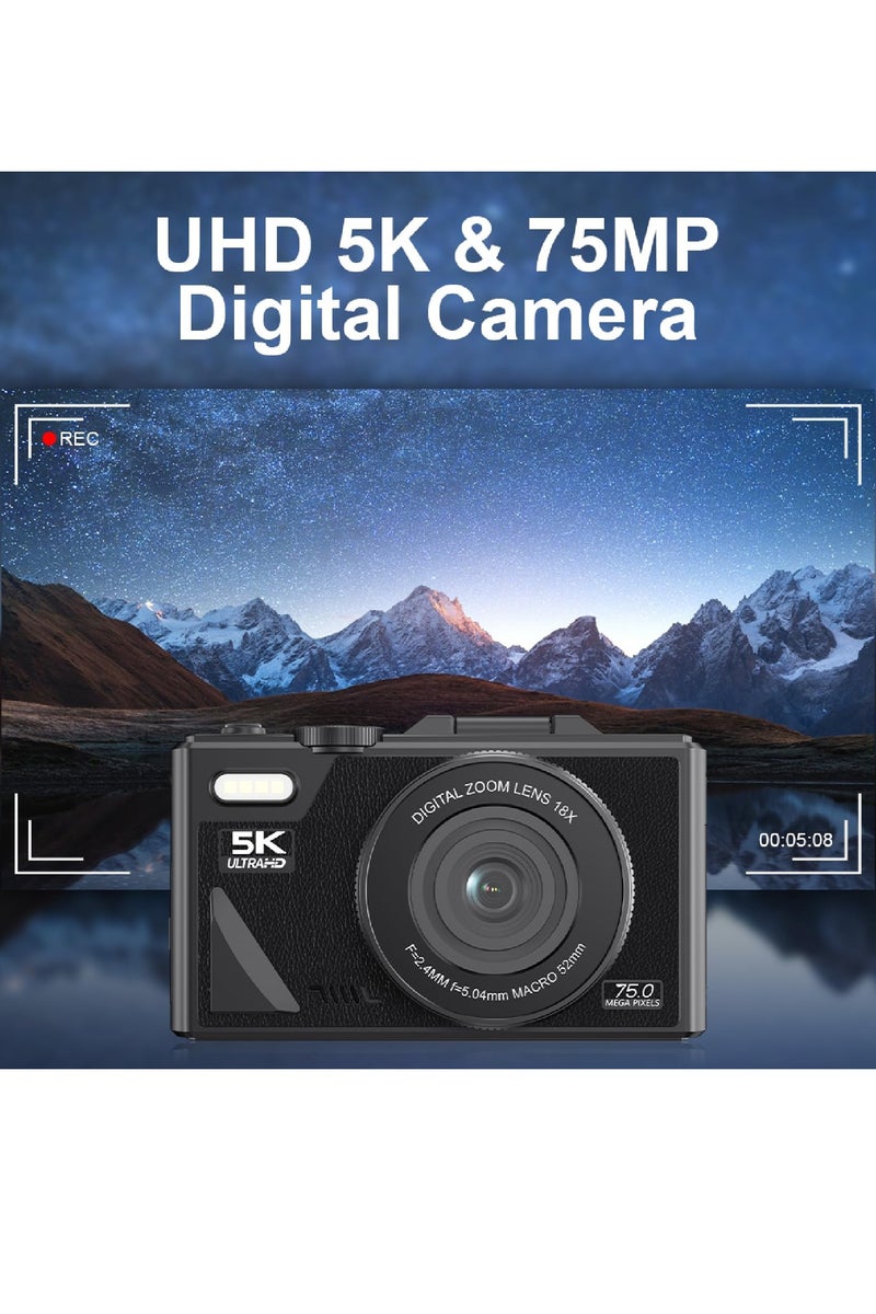 الباندا العملاقة كاميرا رقمية بدقة 5K HD و75 ميجابكسل مع تقريب رقمي 18X - كاميرا فيديو بتقنية للتصوير الفوتوغرافي والفيديو، والتركيز التلقائي، وشاشة 3 بوصات، وذاكرة 128 جيجابايت (غير متضمنة)، وبطارية 1150 مللي أمبير في الساعة (أسود)  - Image 3