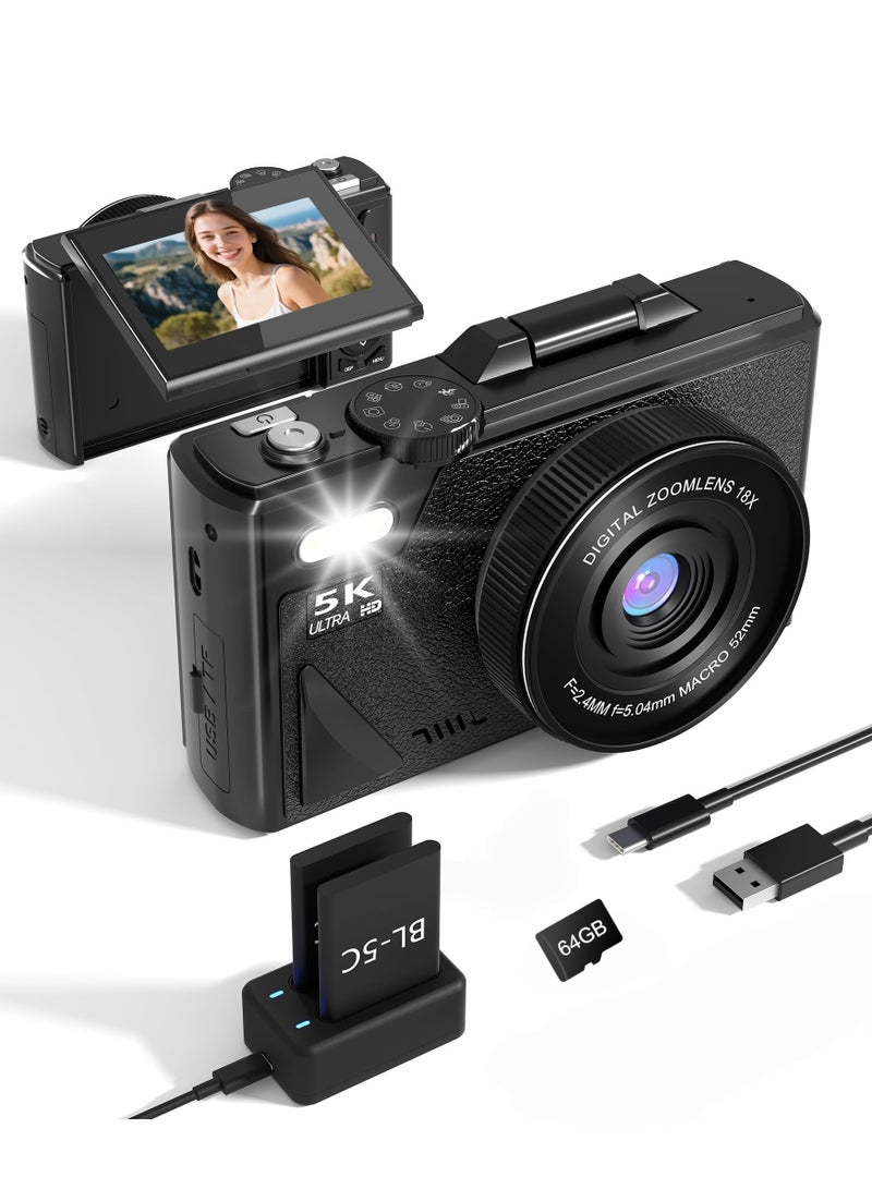 Daxiongmao 75MP 5K Digital Camera All-in-One Kit for Teens, Includes 64GB Card, 2 Batteries & Dual Charger, 18X Zoom Vlog Camera, Point and Shoot (Black) - Image 1