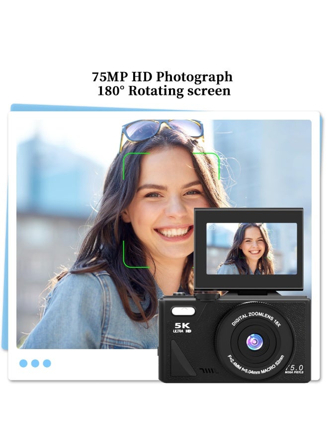 Daxiongmao 75MP 5K Digital Camera All-in-One Kit for Teens, Includes 64GB Card, 2 Batteries & Dual Charger, 18X Zoom Vlog Camera, Point and Shoot (Black) - Image 3