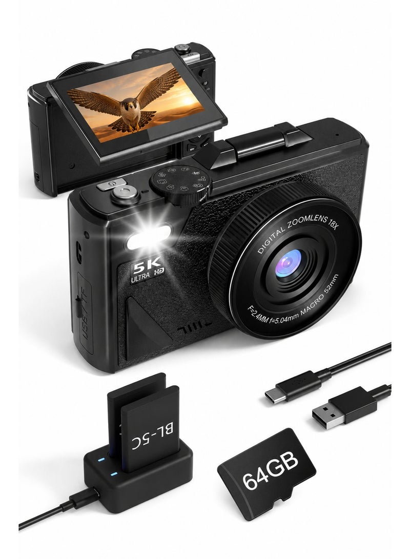 Daxiongmao 75MP 5K Digital Camera All-in-One Kit for Teens, Includes 64GB Card, 2 Batteries & Dual Charger, 18X Zoom Vlog Camera, Point and Shoot (Black) - Image 1