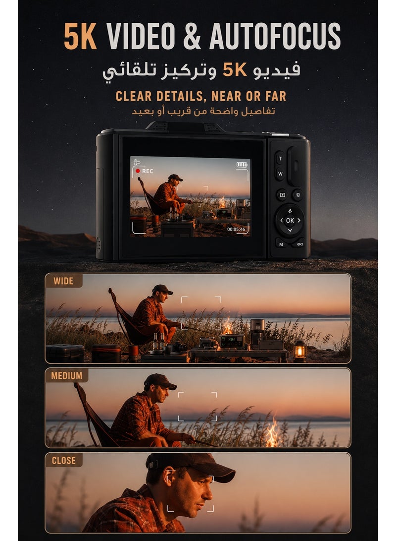 Daxiongmao 75MP 5K Digital Camera All-in-One Kit for Teens, Includes 64GB Card, 2 Batteries & Dual Charger, 18X Zoom Vlog Camera, Point and Shoot (Black) - Image 2