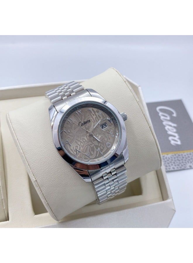 كاتيرا ساعة يد رجالية ضد الماء و بجودة عالية ستيل, مستوحاة من ساعات روليكس الشهيرة - سوار فضي مع ميناء رمادي