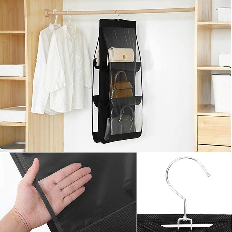 tgopit Hanging Handbag Organizer for Closet 1pcs 6 Pockets Organizer Purse for Wardrobe Space Saving Purse Hanger for Bedroom Bag Hanger Storage Handbags Holder Dust ProofBlack - Image 5
