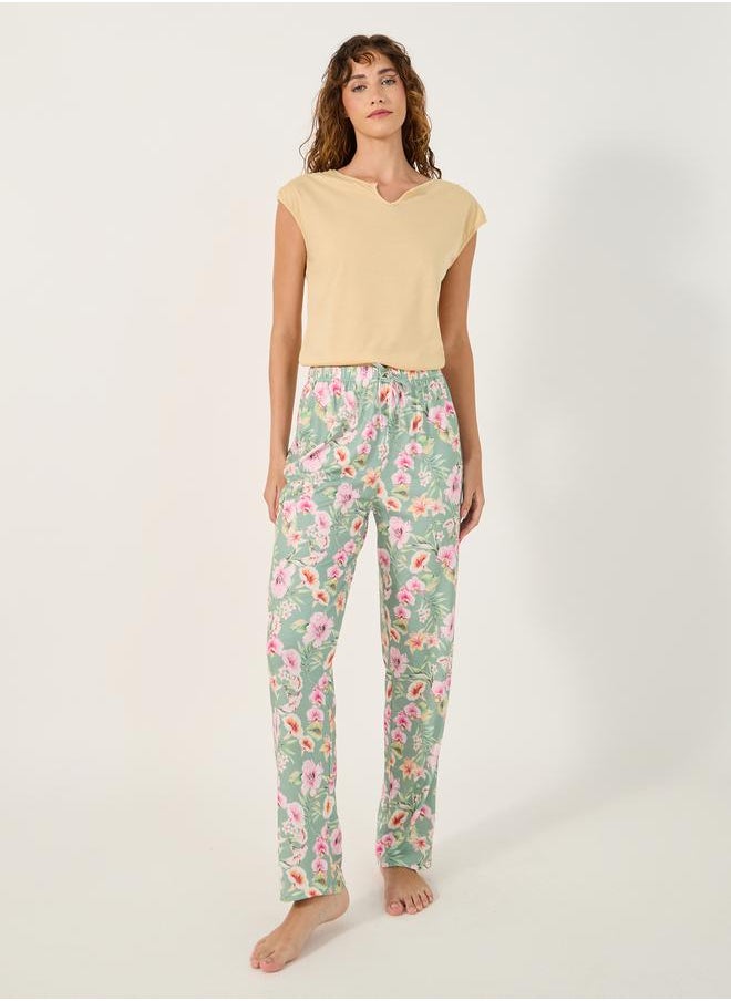Styli - Solid Gathered Shoulder Top and Printed Pyjama Pants Set - Image 1
