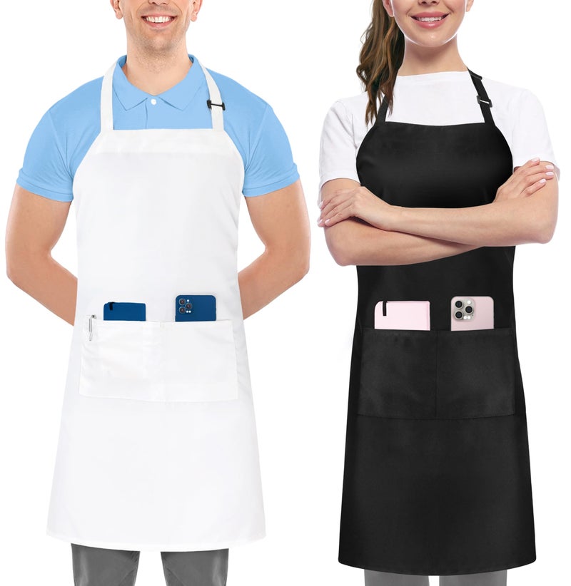 Utopia Kitchen مئزر مطبخ يوتوبيا 2 حزمة قابل للتعديل مع 2 جيب مقاوم للماء والزيت مئزر طهي للمطبخ للطهاة للنساء والرجال (2 حزمة أسود وأبيض) - Image 1