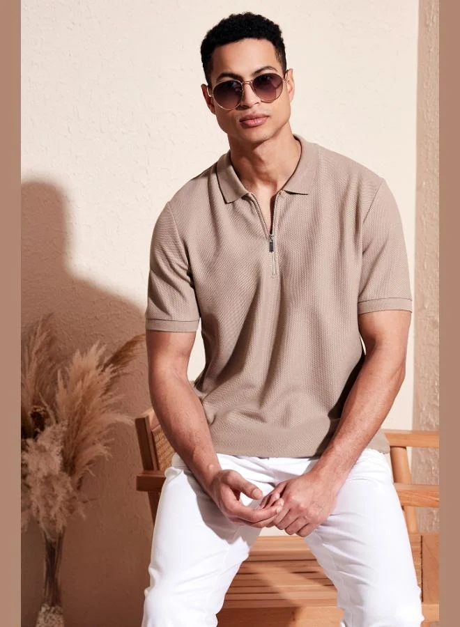 بوراتي تيشيرت بولو رجالي قطن بياقة بولو بسحاب مقاس عادي