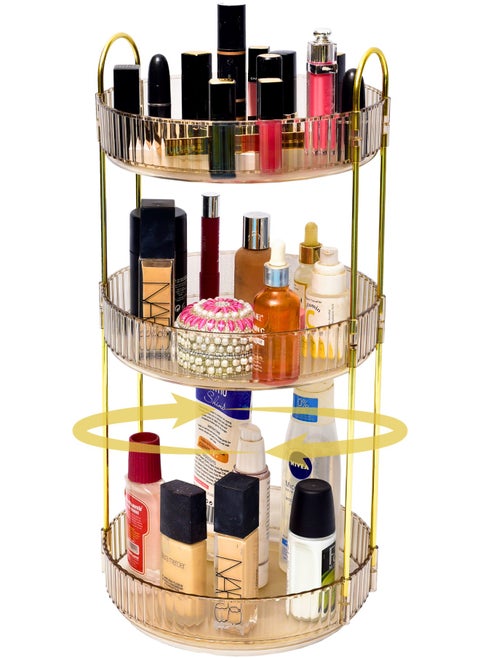 Makeup Organizer & Perfume Stand, Luxury Acrylic Make Up Organizer, Lazy Susan 360° Rotating Perfume Organizer, Showcase Your Cosmetic Collection with 3 Tier Gold Makeup Stand 47x23x23cm