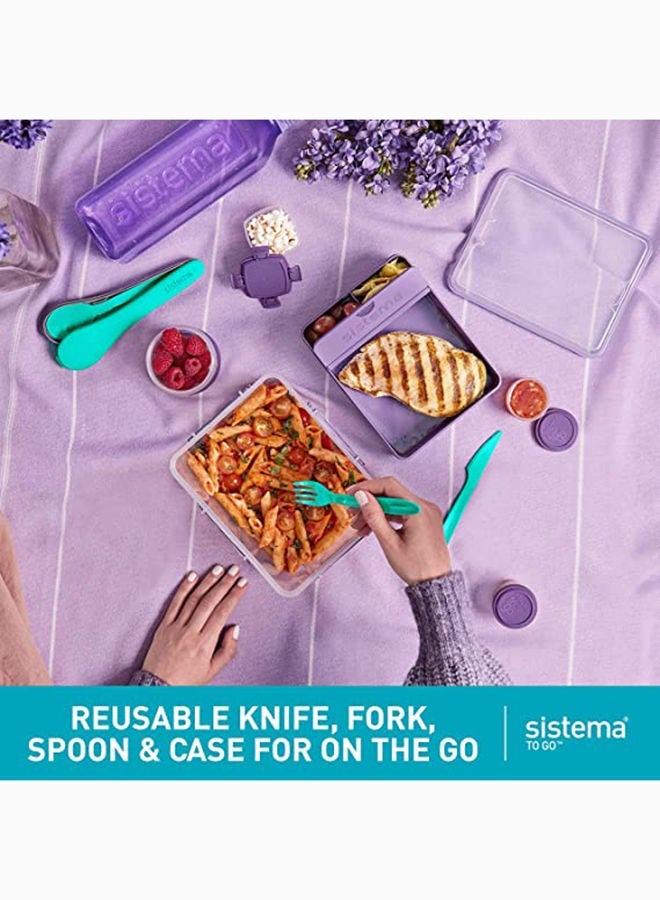 سيستيما طقم أدوات الطعام سيستيما تو جو أخضر (Teal) مع شوكة وسكين وملعقة وعيدان طعام داخل علبة حفظ محمولة، خالٍ من BPA، مناسب للعمل والمدرسة والسفر والتخييم والرحلات - Image 3