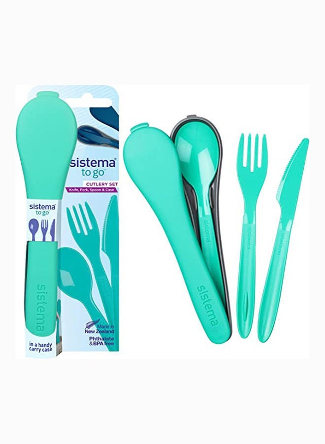 سيستيما طقم أدوات الطعام سيستيما تو جو أخضر (Teal) مع شوكة وسكين وملعقة وعيدان طعام داخل علبة حفظ محمولة، خالٍ من BPA، مناسب للعمل والمدرسة والسفر والتخييم والرحلات - Image 2