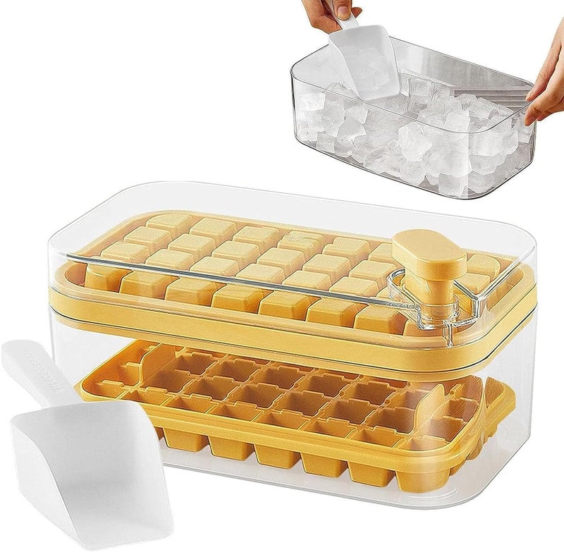 Home-Cloud Homecloud 2 Layer Ice Cube Tray with Lid Bin Square Ice Cubes Molds with Ice Scoop One Tap Easy Release Save Space BPA Free Ice Cube Storage Container 64 Ice Cubes Yellow - Image 1