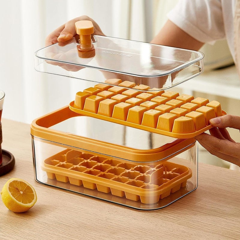 Home-Cloud Homecloud 2 Layer Ice Cube Tray with Lid Bin Square Ice Cubes Molds with Ice Scoop One Tap Easy Release Save Space BPA Free Ice Cube Storage Container 64 Ice Cubes Yellow - Image 2