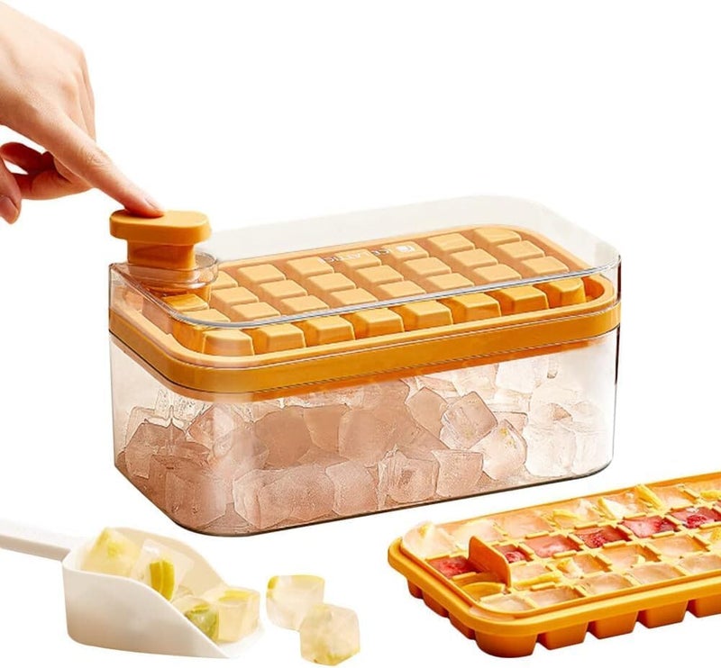 Home-Cloud Homecloud 2 Layer Ice Cube Tray with Lid Bin Square Ice Cubes Molds with Ice Scoop One Tap Easy Release Save Space BPA Free Ice Cube Storage Container 64 Ice Cubes Yellow - Image 5