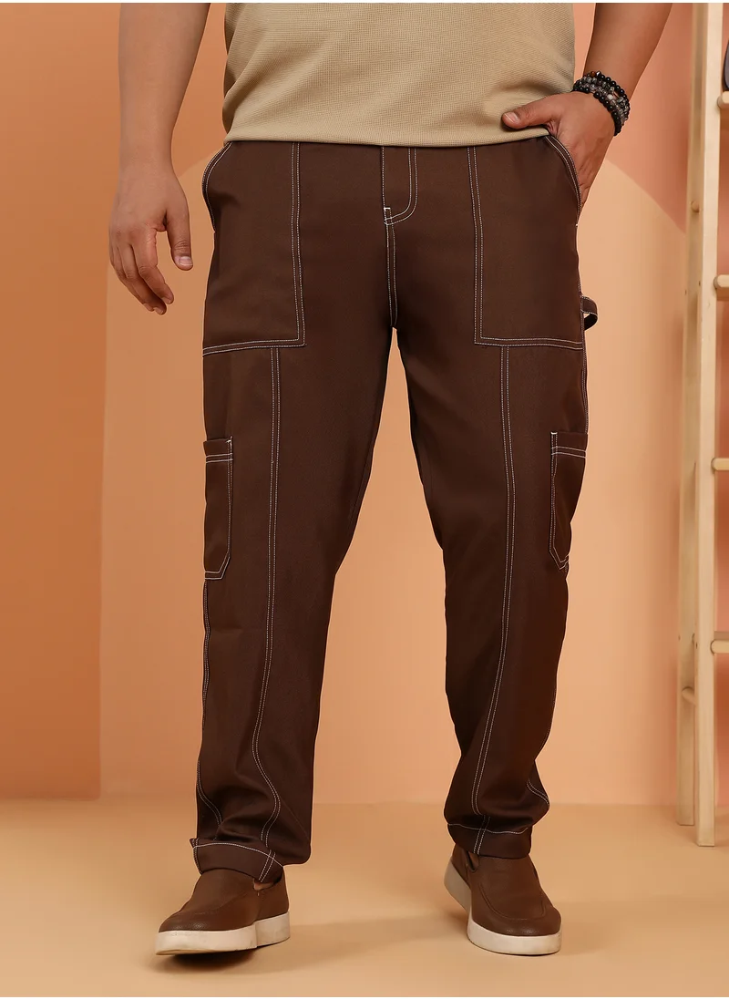 انستافاب بلس Instafab Plus Men's Mocha Brown Contrast-Stitch Carpenter Utility Trousers For Casual Wear | Mid-Rise | Straight Fit | Button Closure | Plus Size Trousers Crafted With Comfort Fit For Everyday Wear
