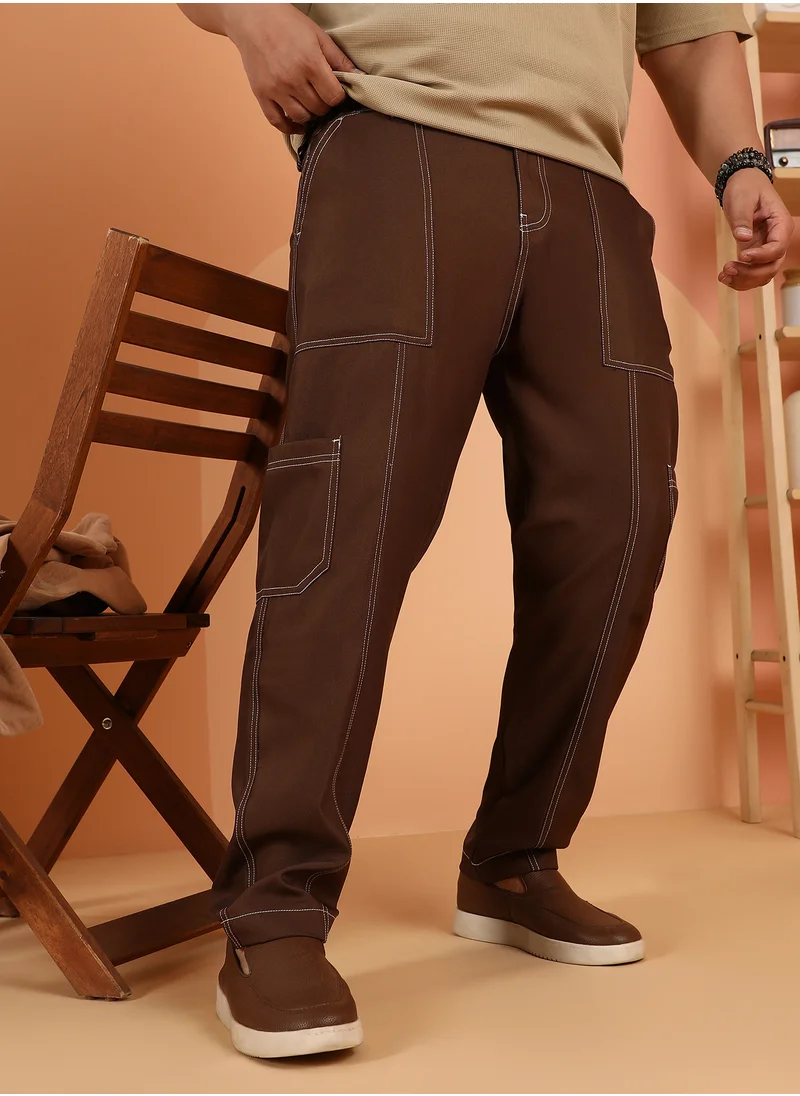 انستافاب بلس Instafab Plus Men's Mocha Brown Contrast-Stitch Carpenter Utility Trousers For Casual Wear | Mid-Rise | Straight Fit | Button Closure | Plus Size Trousers Crafted With Comfort Fit For Everyday Wear