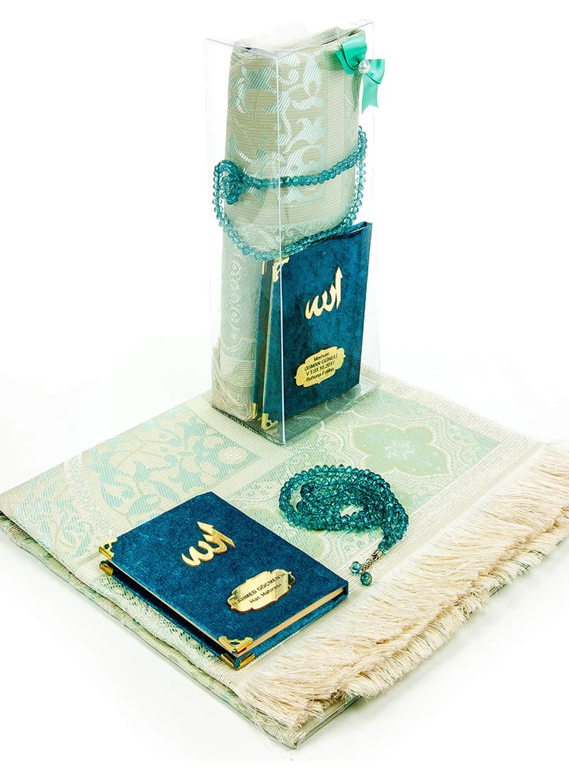 İhvan Ihvan Velvet Covered Yasin Book with Personalized Name Plate + Prayer Rug + Prayer Beads - Petrol Blue