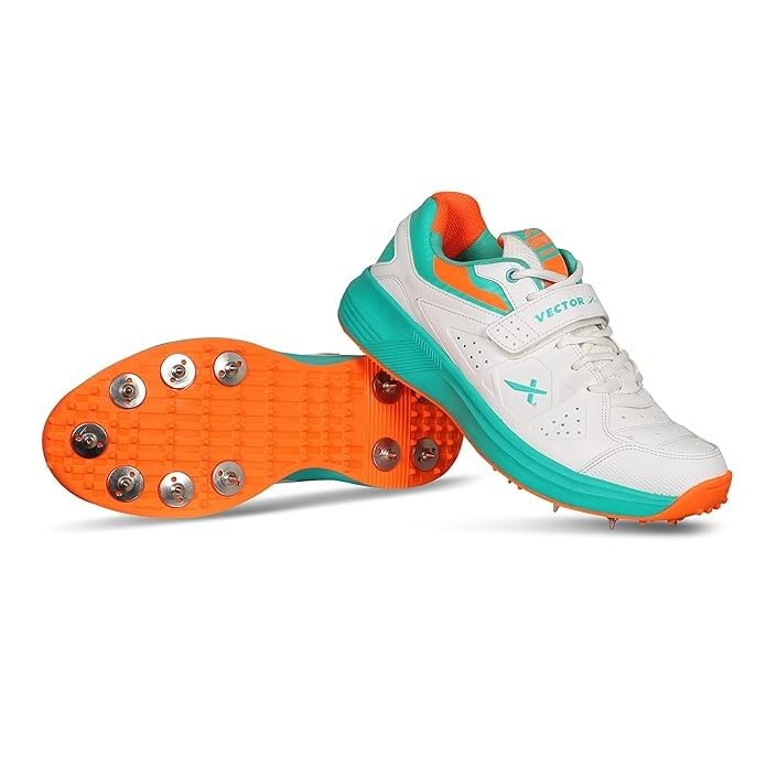 Vector X CKT- 200 Full Spike Cricket Shoes for Men PU Material Breathable Mesh Professional Field and Track Shoes (White-Blue-Orange, Size-7) - Image 1