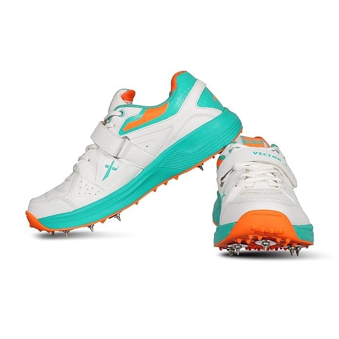 Vector X CKT- 200 Full Spike Cricket Shoes for Men PU Material Breathable Mesh Professional Field and Track Shoes (White-Blue-Orange, Size-7) - Image 3