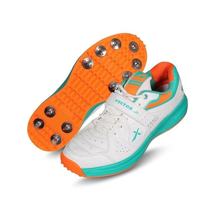 Vector X CKT- 200 Full Spike Cricket Shoes for Men PU Material Breathable Mesh Professional Field and Track Shoes (White-Blue-Orange, Size-7) - Image 2