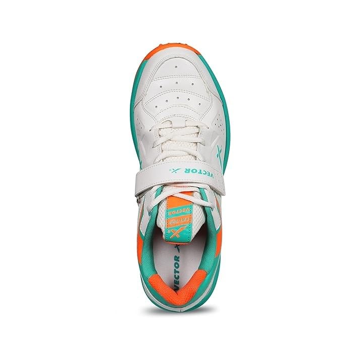 Vector X CKT- 200 Full Spike Cricket Shoes for Men PU Material Breathable Mesh Professional Field and Track Shoes (White-Blue-Orange, Size-7) - Image 5